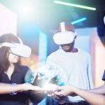 VR world, people and digital hologram of future metaverse, global networking or cyber planet innovation. Community group, virtual reality and media globe, ai fantasy gaming tech and futuristic vision.